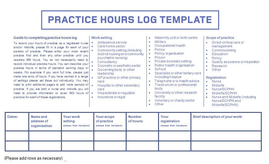 Practice Hours Log Template