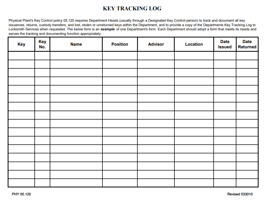 Key Tracking Log Template
