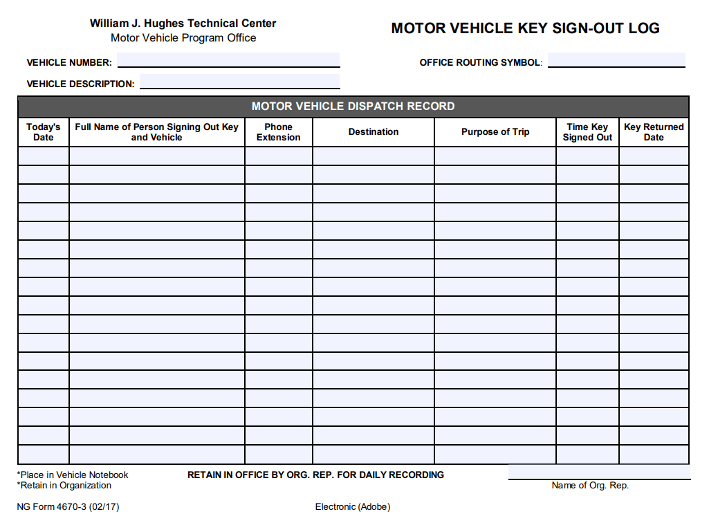 Motor Vehicle Key Log Template