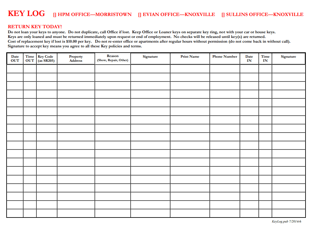 Office Key Log Template