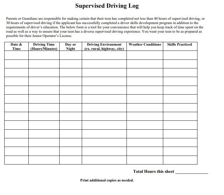 Supervised Driving Practice Log Template