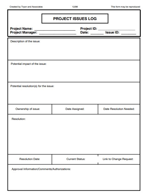Blank Issue Log Template