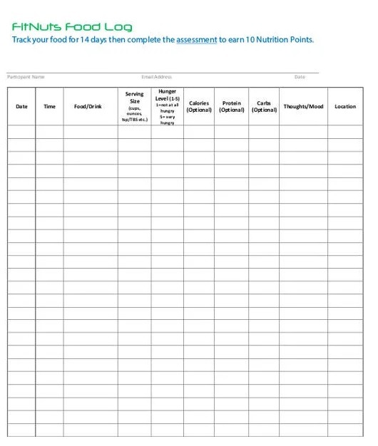 Daily Fitness Food Log Template