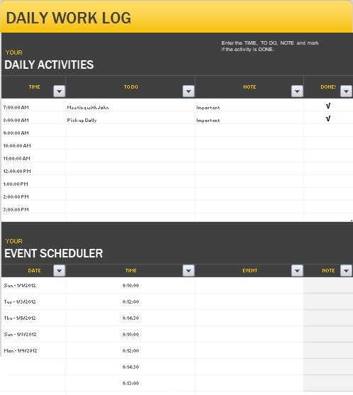 Daily Work Log Template Excel