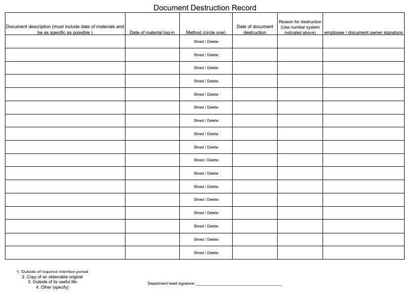 Document Destruction Record Log Template