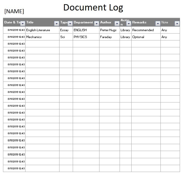 Document Log Excel