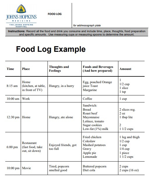 Daily Food Log Example With Answers