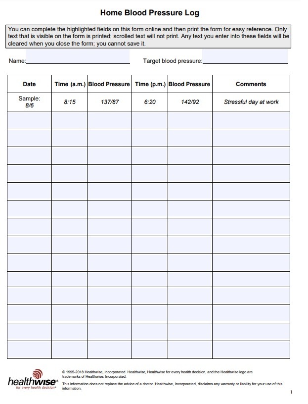 Home Blood Pressure Log Template