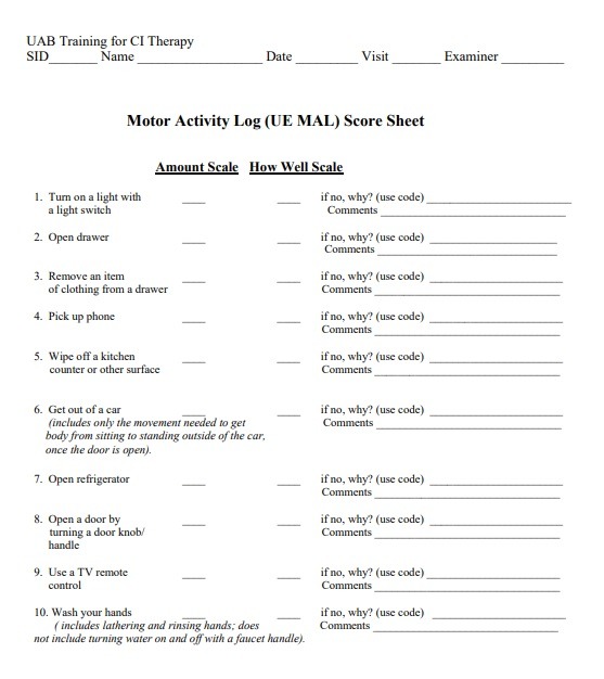 Motor Activity Log Template