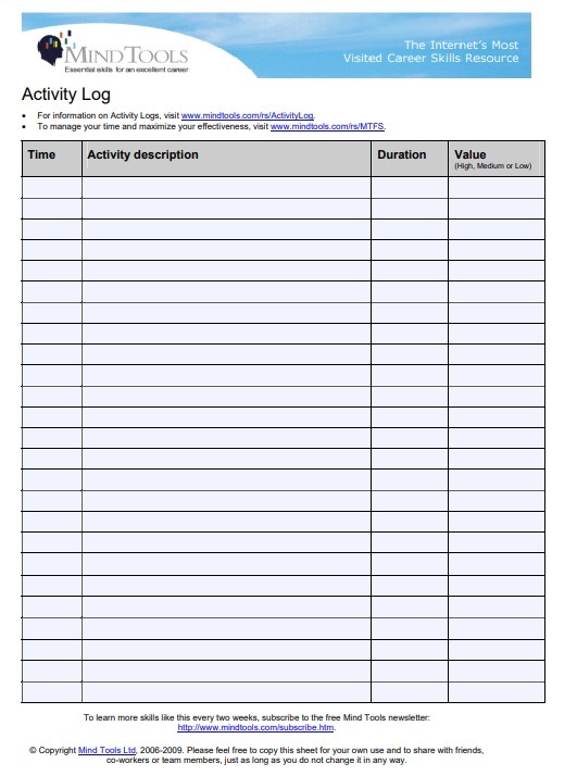 Printable Activity Log Template