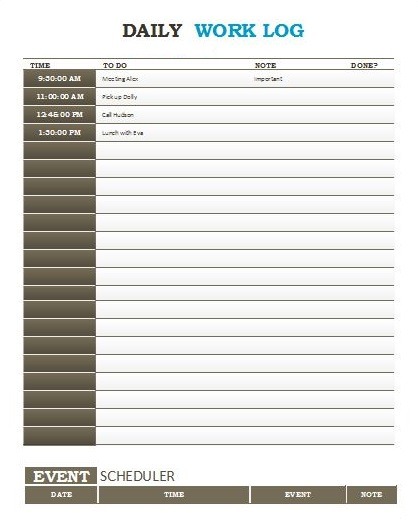 Daily Work Log Template Free Log Templates