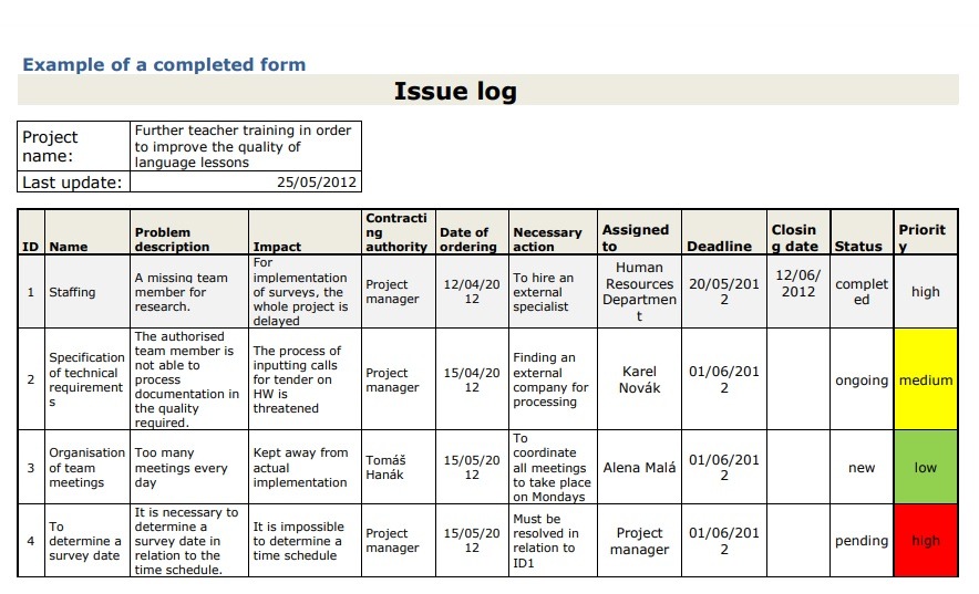 Project Issue Log Template