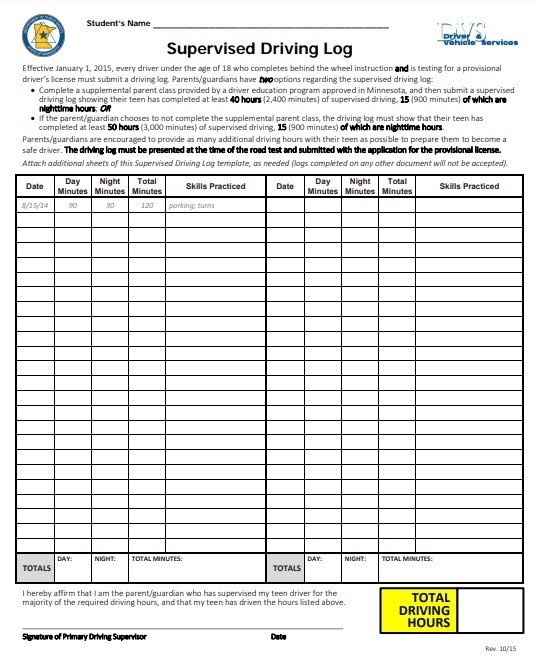 Supervised Driving Documentation Log Template