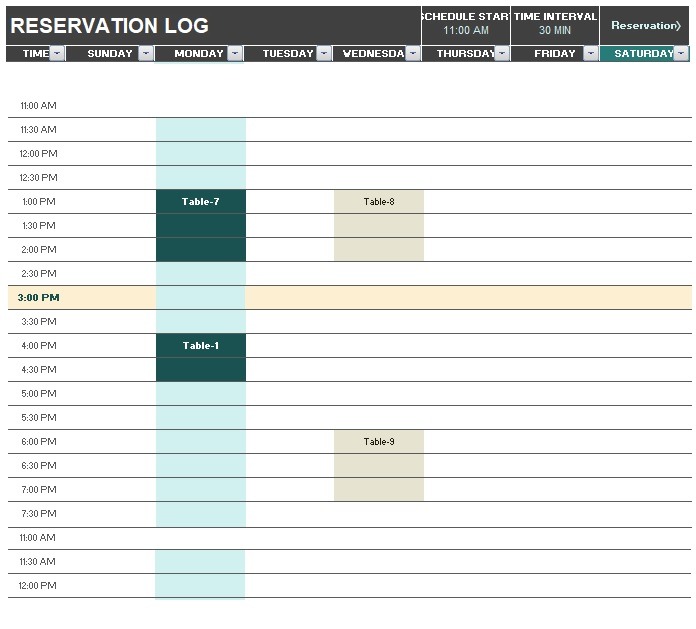 Reservation Log Template Excel