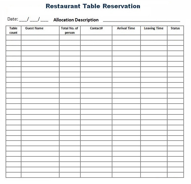 Restaurant Table Reservation Log Template