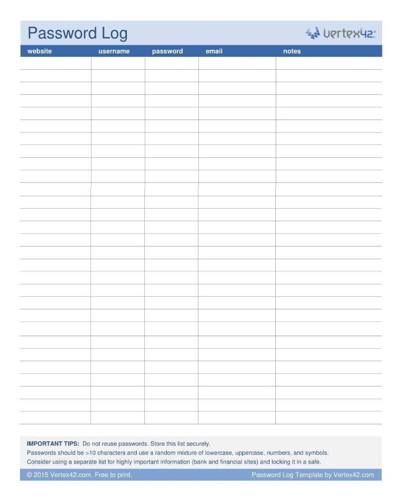 Password Log Template | 10+ Free Printable Word, Excel & PDF Formats ...