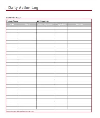 Daily Action Log Template