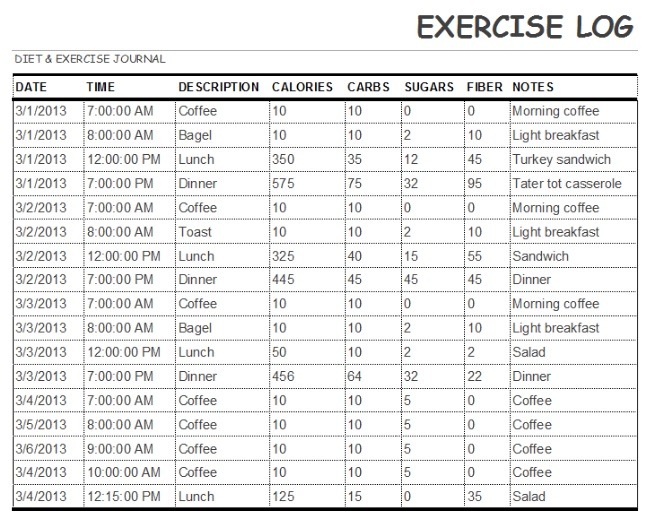 Weekly Exercise Log Template