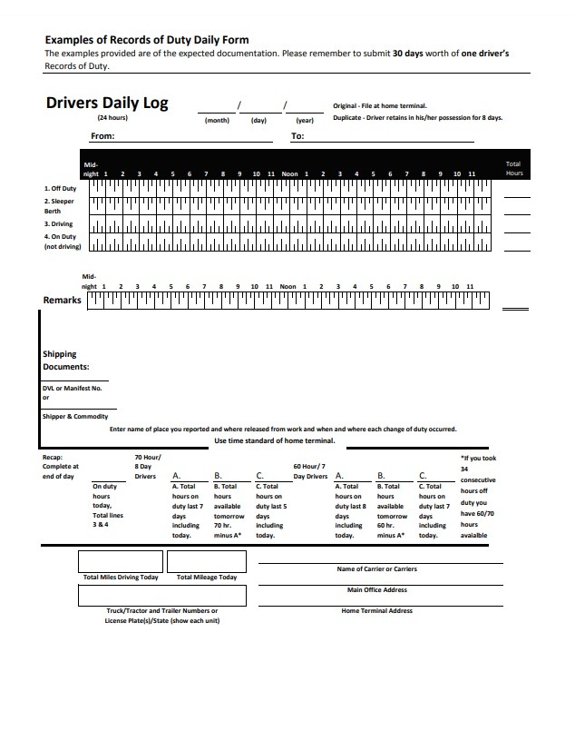 Driver Daily Log Template