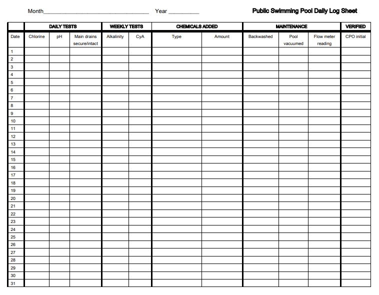 Swimming Pool Daily Log Template