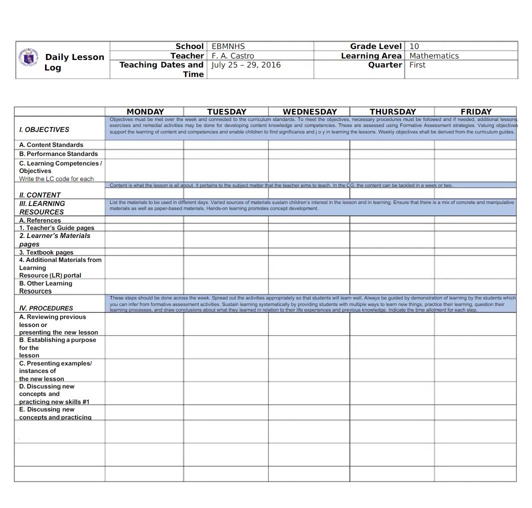 Daily Lesson Log Template Free Download