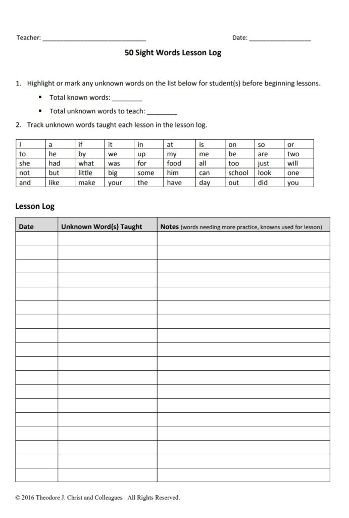 Kindergarten Daily Lesson Log Template