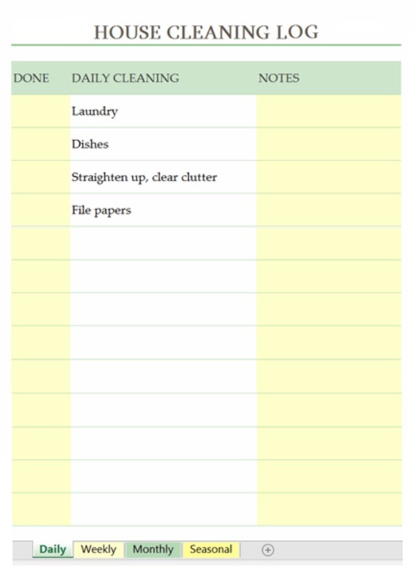 House Cleaning Log Template Excel