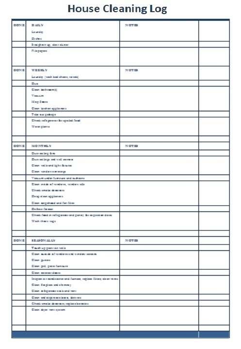 Household Cleaning Log Template