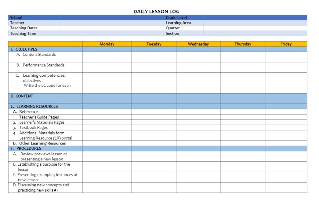 Daily Lesson Log Example