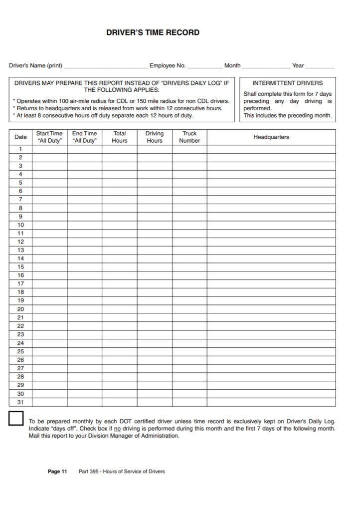 Driver Time Log Template