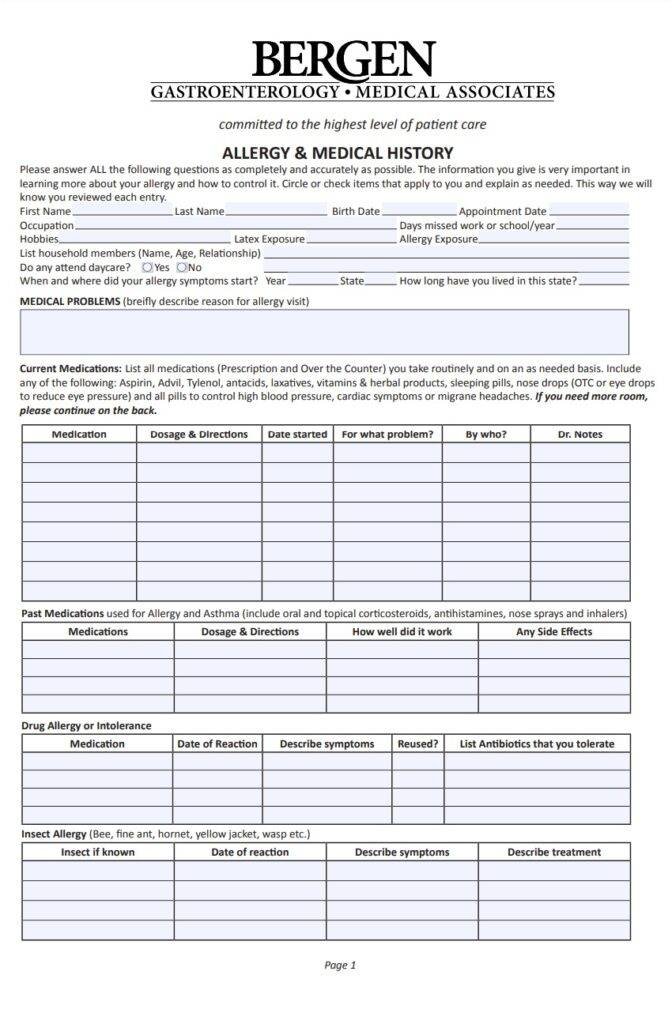 Allergy History Log Template