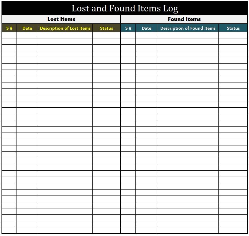 Lost and Found items Log Template