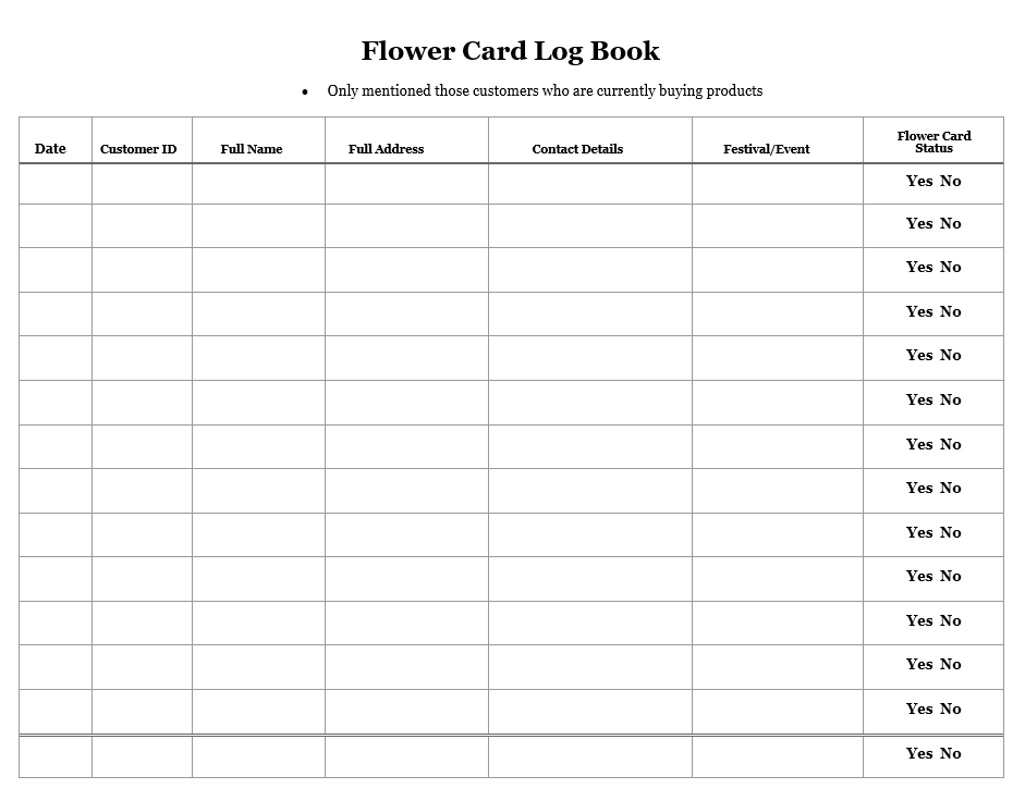 Flower Car Log Book Template