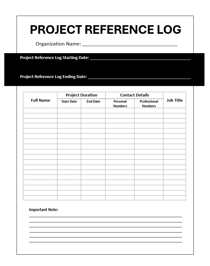 Project Reference Log Template