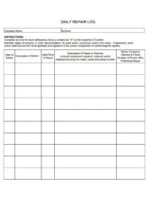 Daily Repair Log Template Pdf