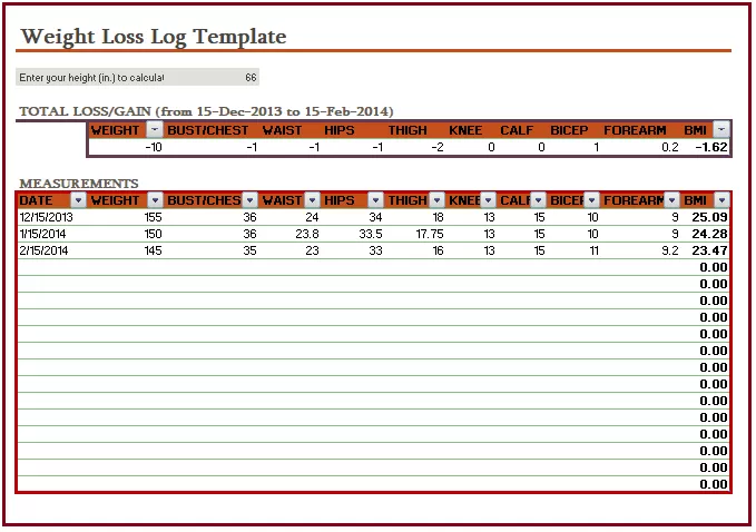 Weight Loss Log Template