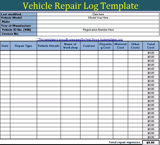 Vehicle repairing log Template