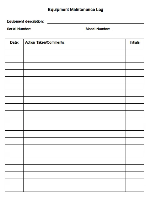 Editable Free Equipment Maintenance Log Template