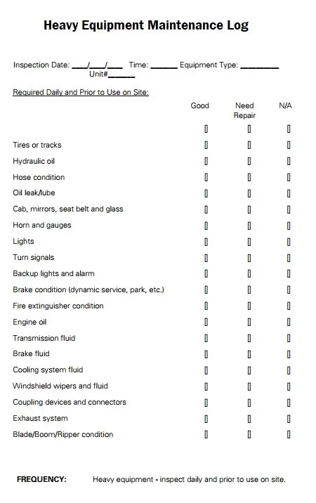 Heavy Equipment Maintenance Log Template