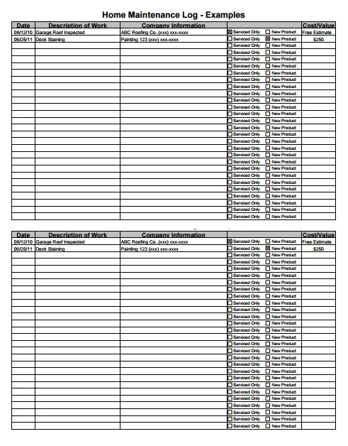 Home Maintenance Log Template