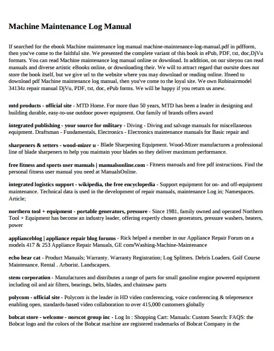 Machine Maintenance Log Manual Template