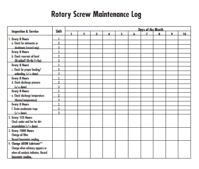 Rotary Screw Maintenance Log Template