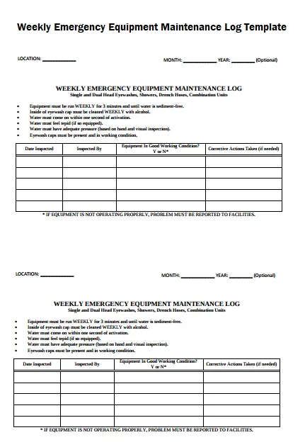 Weekly Emergency Equipment Maintenance Log Template