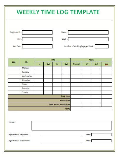 Weekly Time Log Template