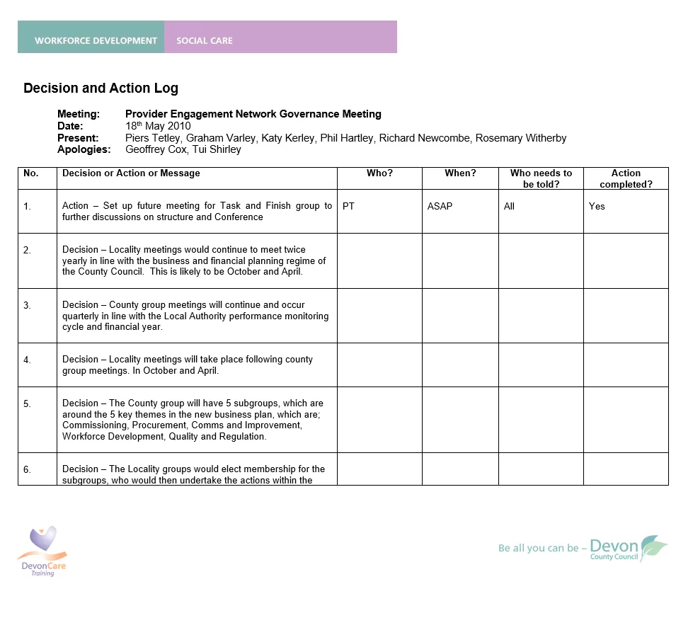 Action Decision Log Template