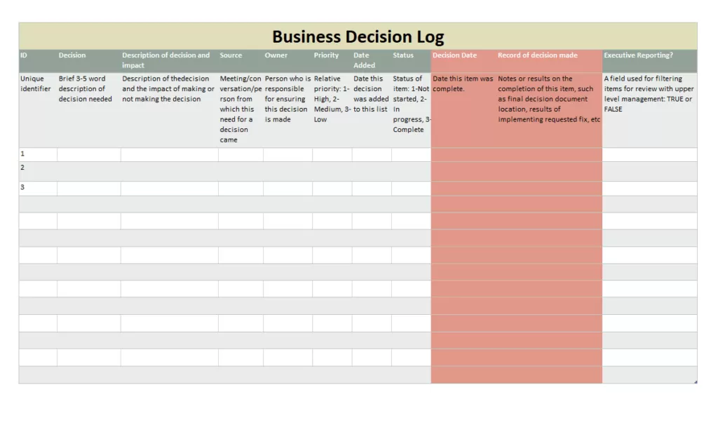Business Decision Log Template