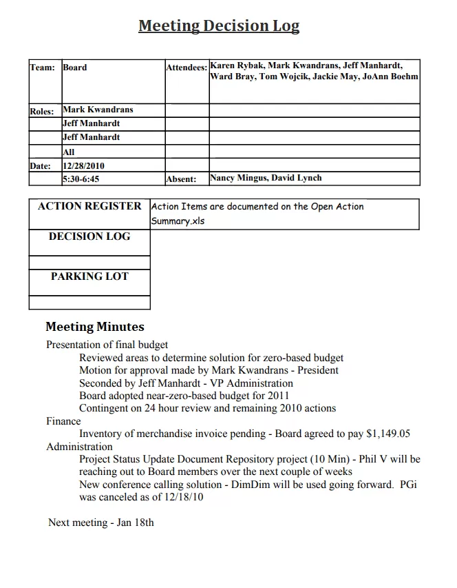 Meeting Decision Log Template