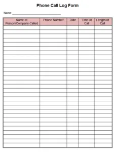 Phone Call Log Form