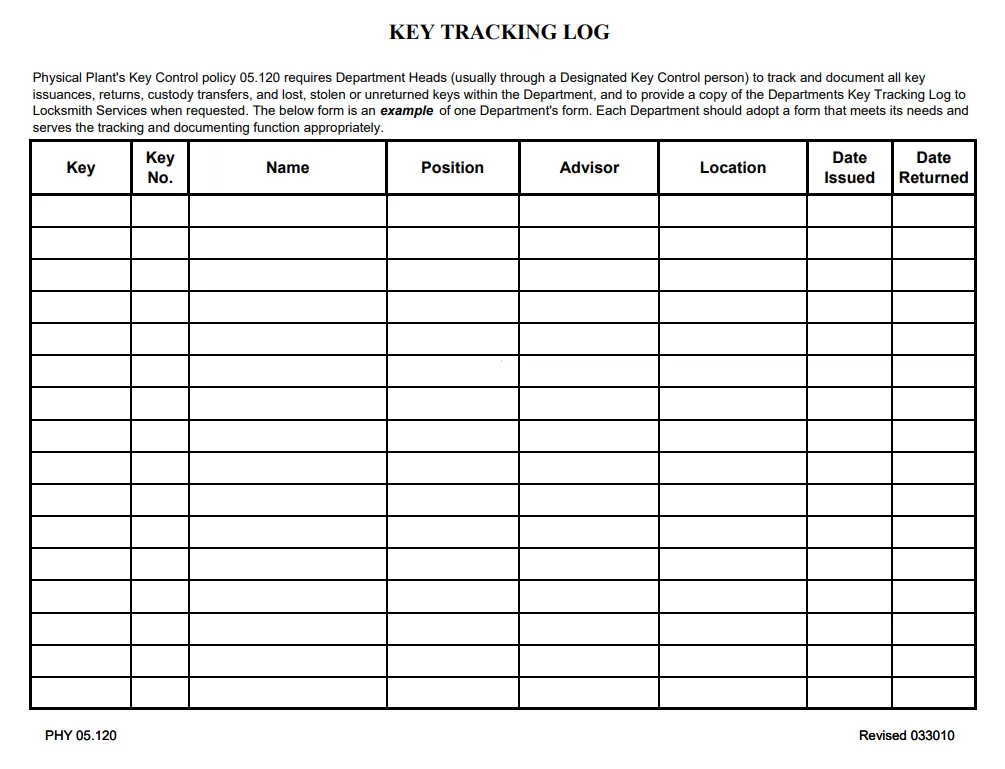 Key Tracking Log Template