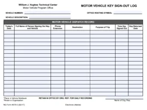 Motor Vehicle Key Log Template
